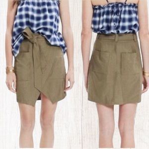 Madewell Olive Green Portside Wrap Textured Silk Skirt Linen Feel w/ Pockets 00